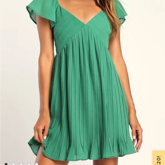 Lulus Amalfi Coast Green Pleated Flutter Sleeve Mini Dress - Picture 2 of 7